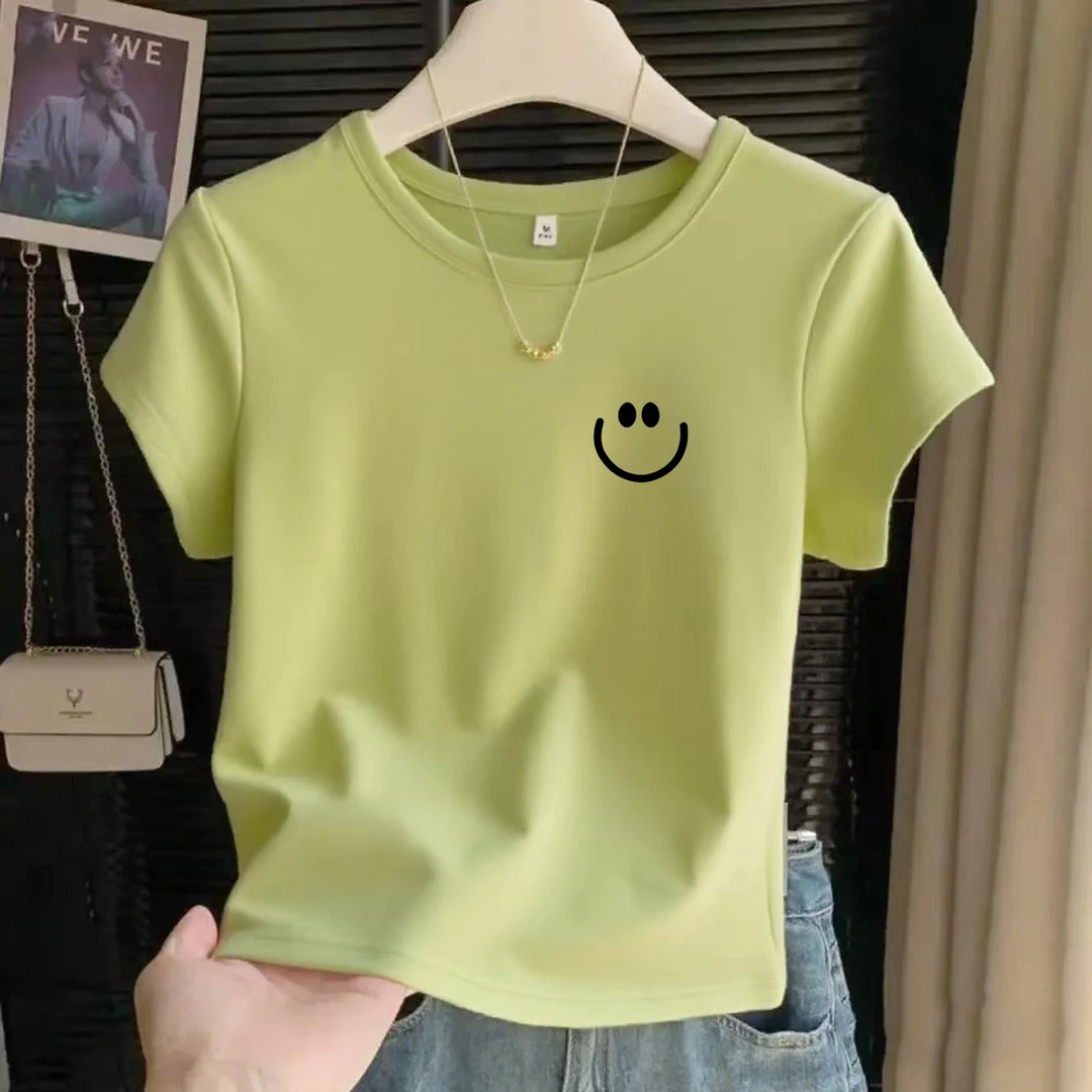法式牛油果绿趣味基础搭配圆领正肩弹力棉质休闲显瘦减龄甜美T恤