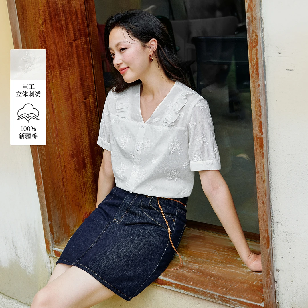 淡人穿搭100棉重工刺绣花边衬衫2025夏季女装新款短袖上衣