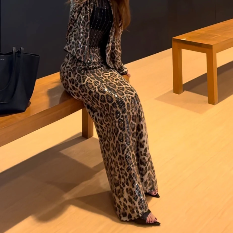 【Seven】豹纹弹力刺绣亮片半身裙