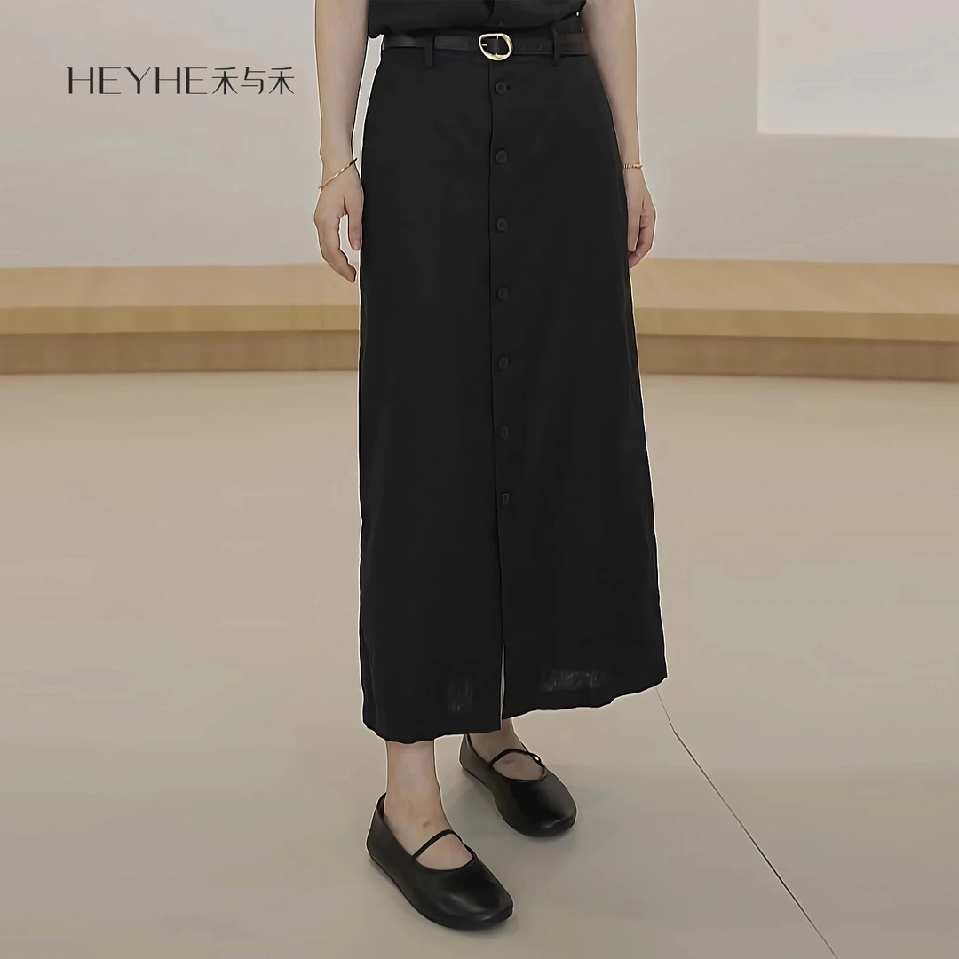 小禾【唱晚】100平纹亚麻单排扣显瘦百搭高级感直筒半身裙