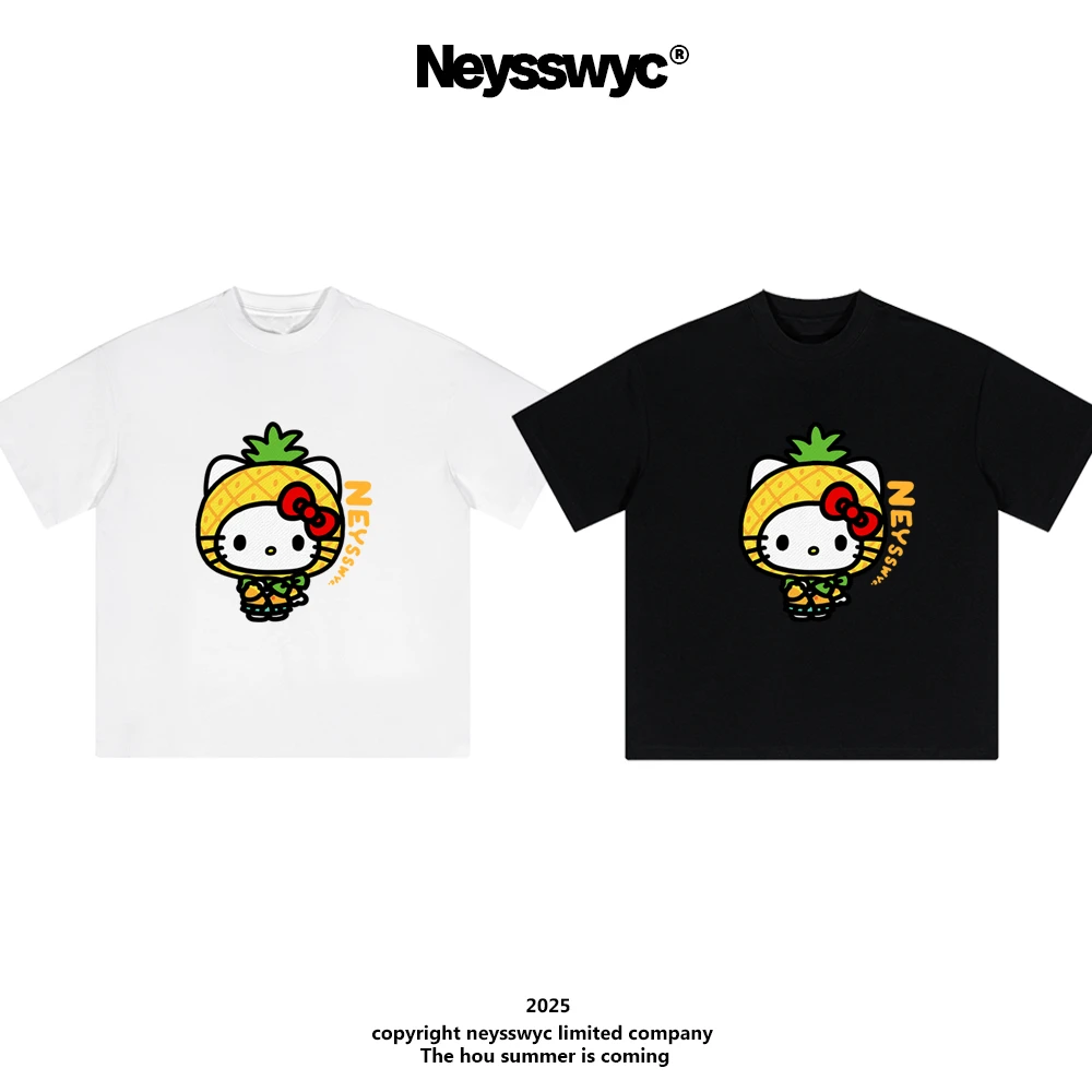 NEYSSWYC 小菠萝黑白短袖休闲夏季印花宽松卡通圆领T恤趣味情侣棉