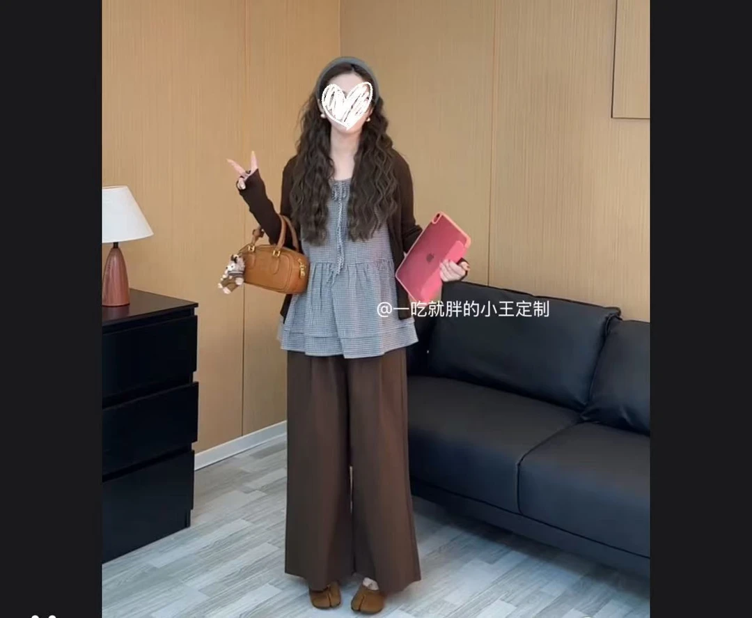 【小王家】大码女装圆领宽松格子常规长袖显瘦衬衫阔腿裤套装