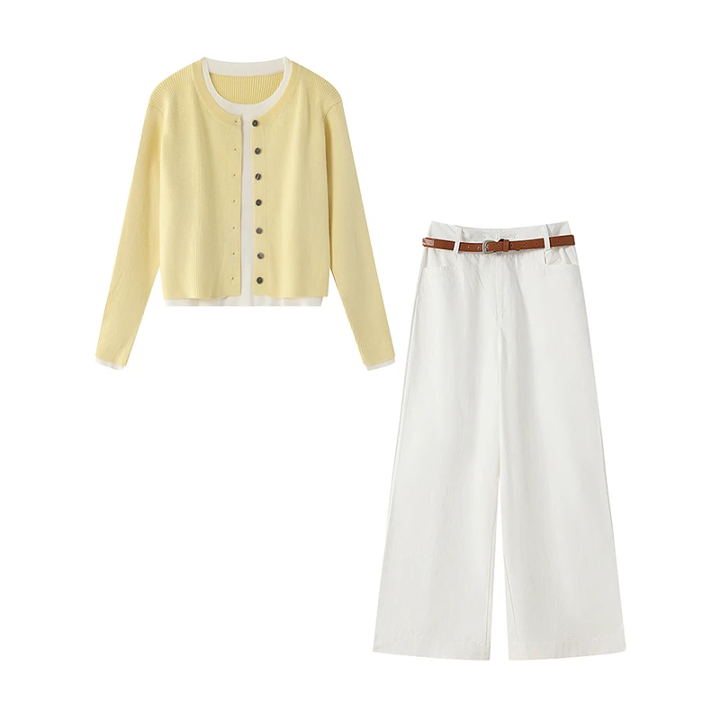 秋冬穿搭一整套女新款休闲假两件针织衫高腰阔腿长裤两件套装2637