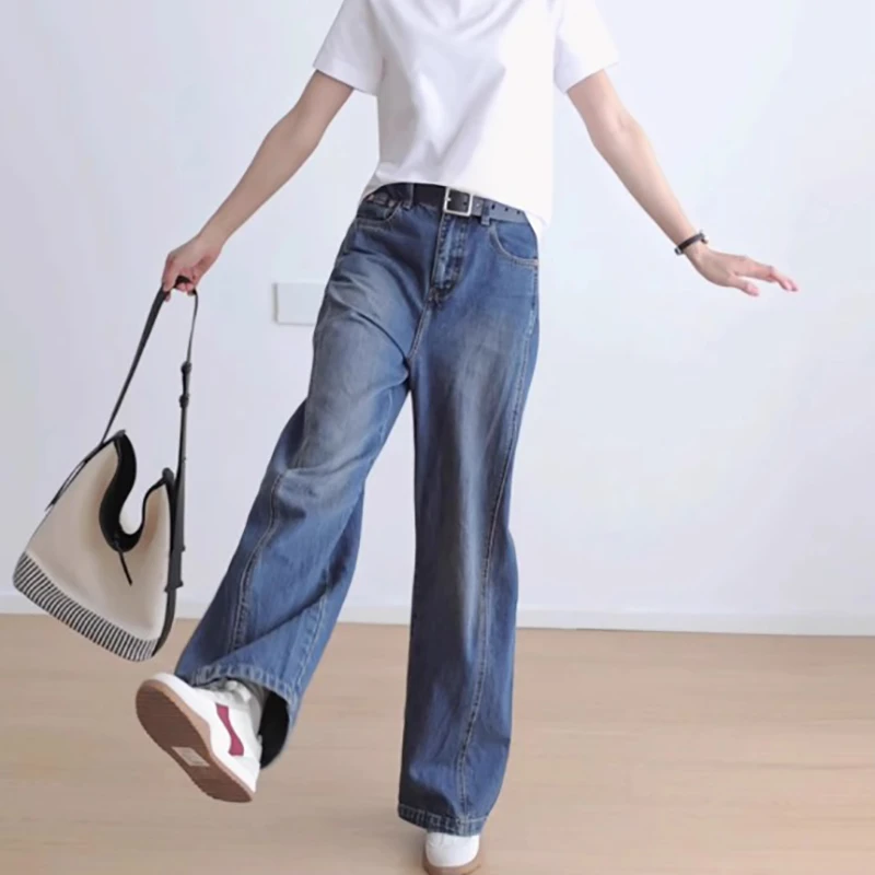 水洗高腰女无弹牛仔裤港风阔腿裤长裤夏季蓝色女装休闲百搭弯刀裤