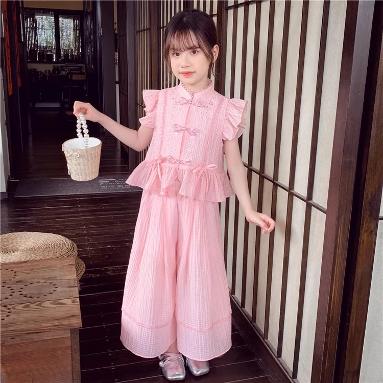 2025夏季新款小女孩公主风洋气上衣阔腿裤两件套女童中式国风套装
