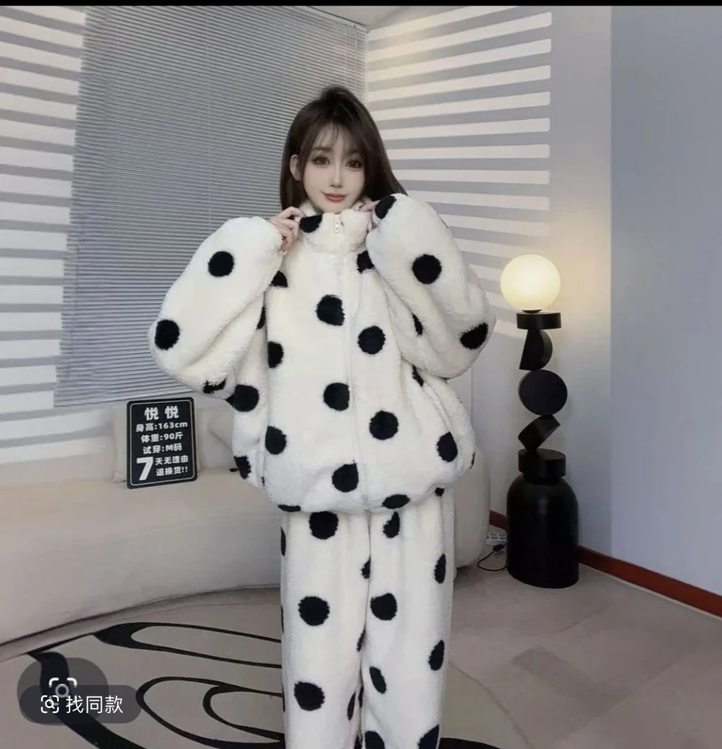 【送运费险】波点立领睡衣秋冬加厚保暖北极绒休闲家居服洋气套装