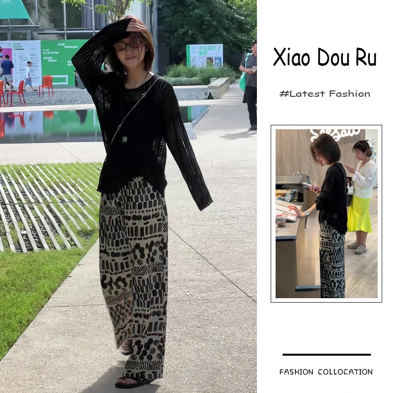 夏季流行穿搭一套新款2025韩系御姐风薄款针织衫印花阔腿裤两件套