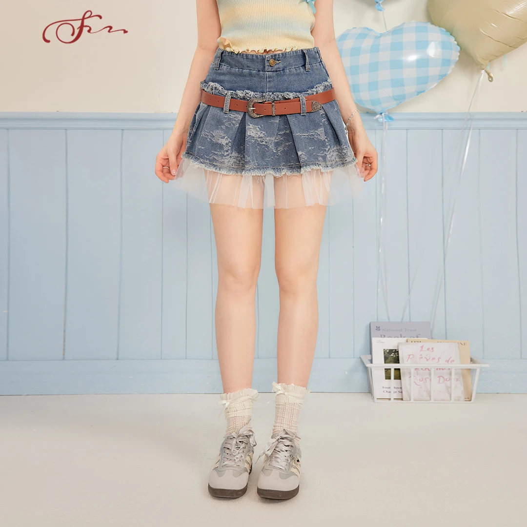 SEENFAAN盛放夏季新款百搭水洗拼色拼接蕾丝肌理感牛仔短裙女毛边