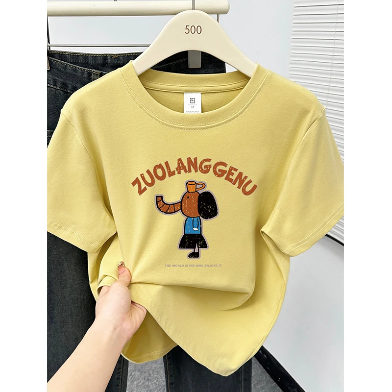 姜黄色正肩短袖t恤女装大码胖MM遮肚子显瘦半袖休闲圆领上衣夏季