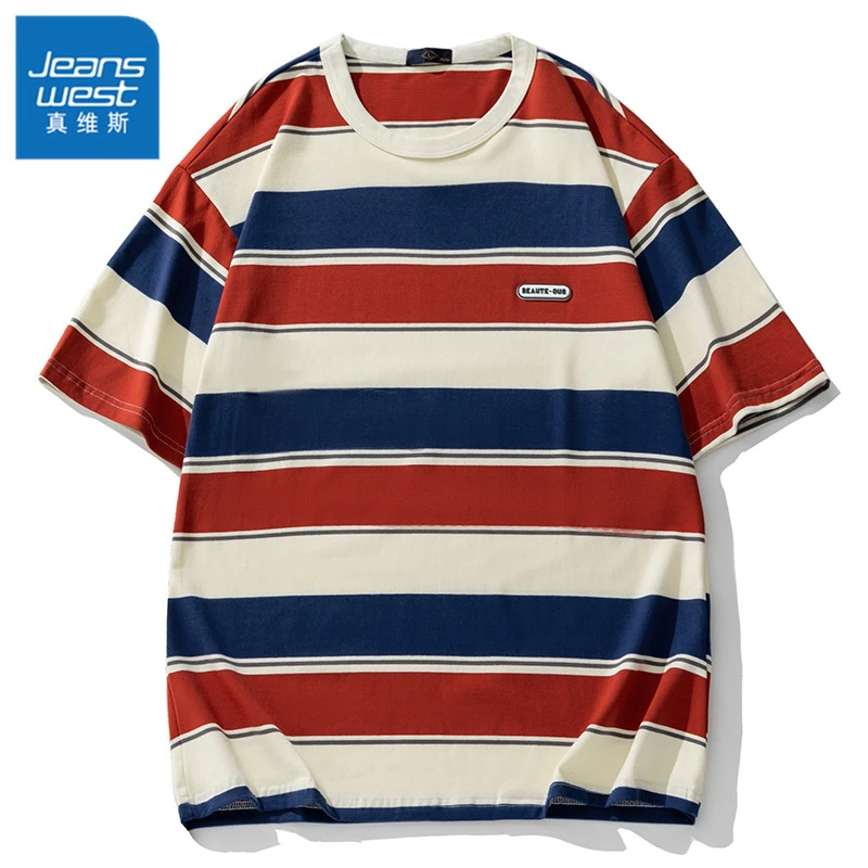真维斯条纹短袖T恤男夏季潮牌百搭圆领半袖体恤衫宽松男生打底衫