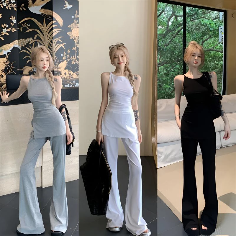 小众小个子穿搭炸街高级辣妹显瘦针织挂脖侧开叉褶皱+休闲微喇叭