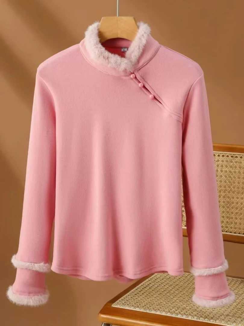 6217加绒加厚新中式国风时尚气质上衣新款毛毛领袖口百搭针织内搭