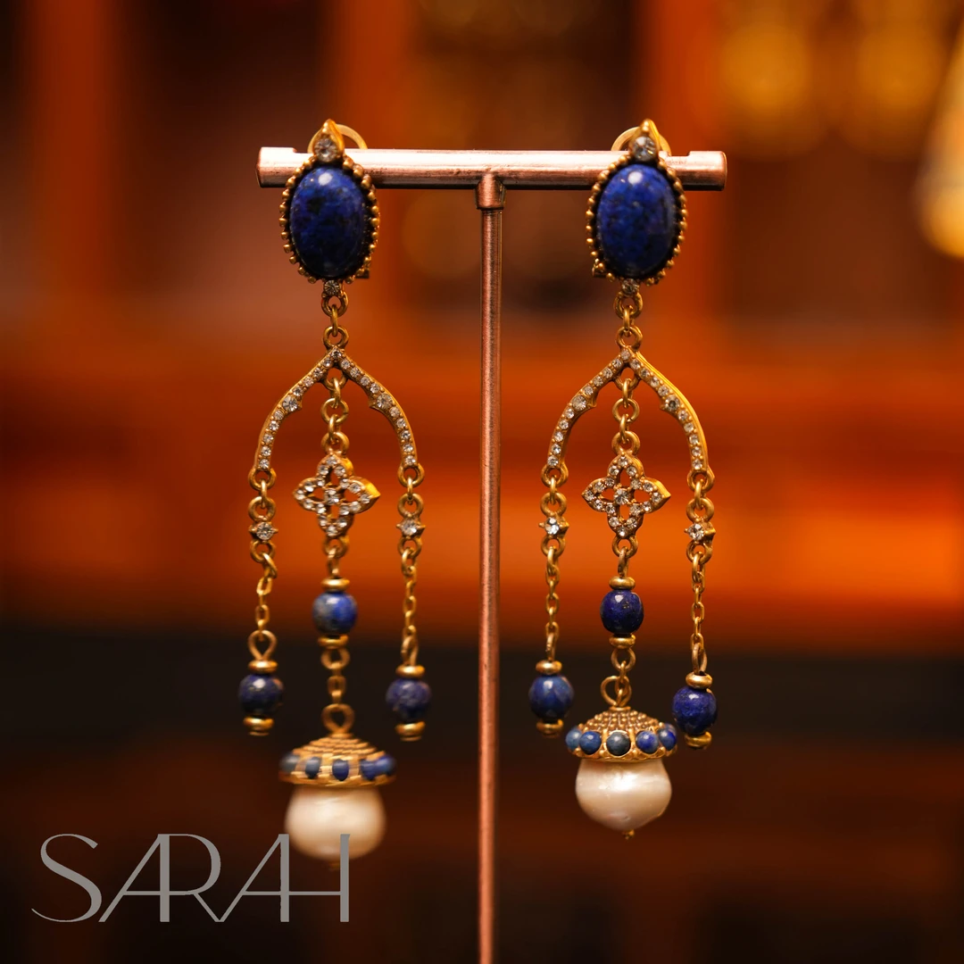 铜合金合成锆石耳饰 DearLisa.精工系列复古蓝色珠珠镶钻流苏耳钉