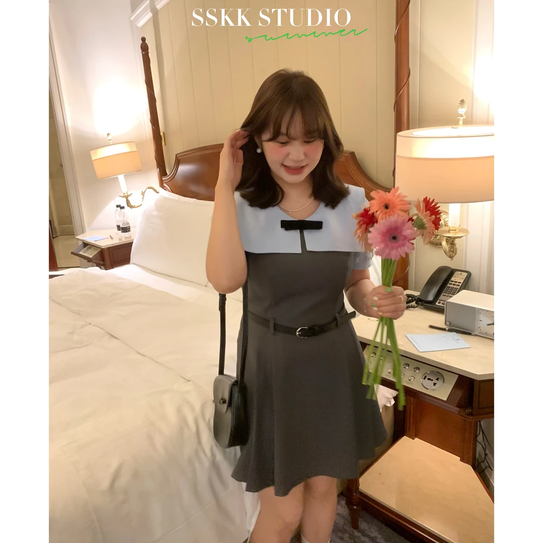 KMZY/KMZY山_山【赫拉学姐】微胖法式气质海军领撞色连衣裙（带皮带）