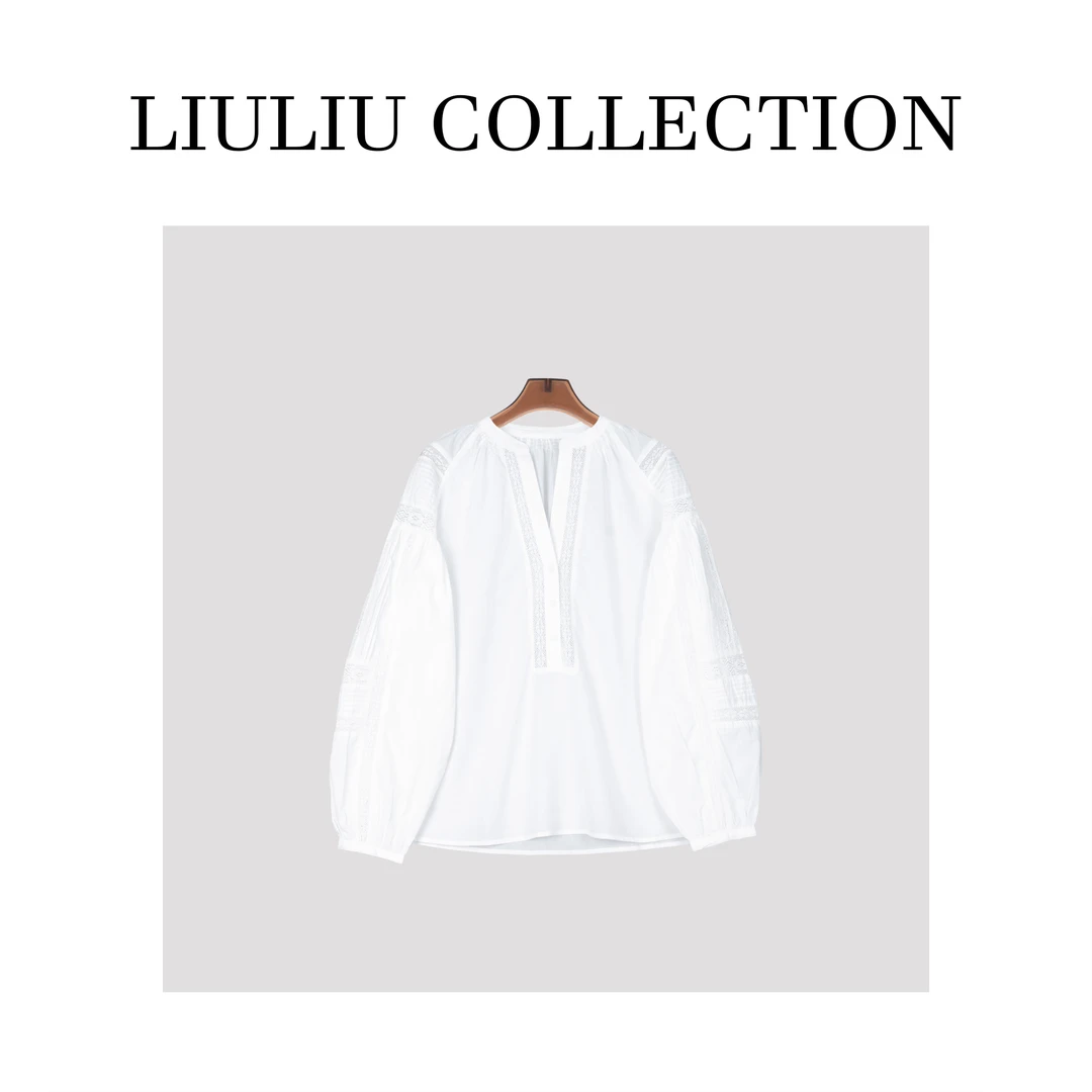 【层次感】极简打条拼接手工碎褶纯棉V领衬衫D96