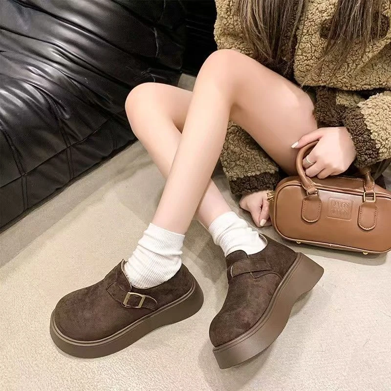 厚底秋冬加绒勃肯鞋女2024小个子增高一脚蹬松糕底保暖乐福鞋棉鞋