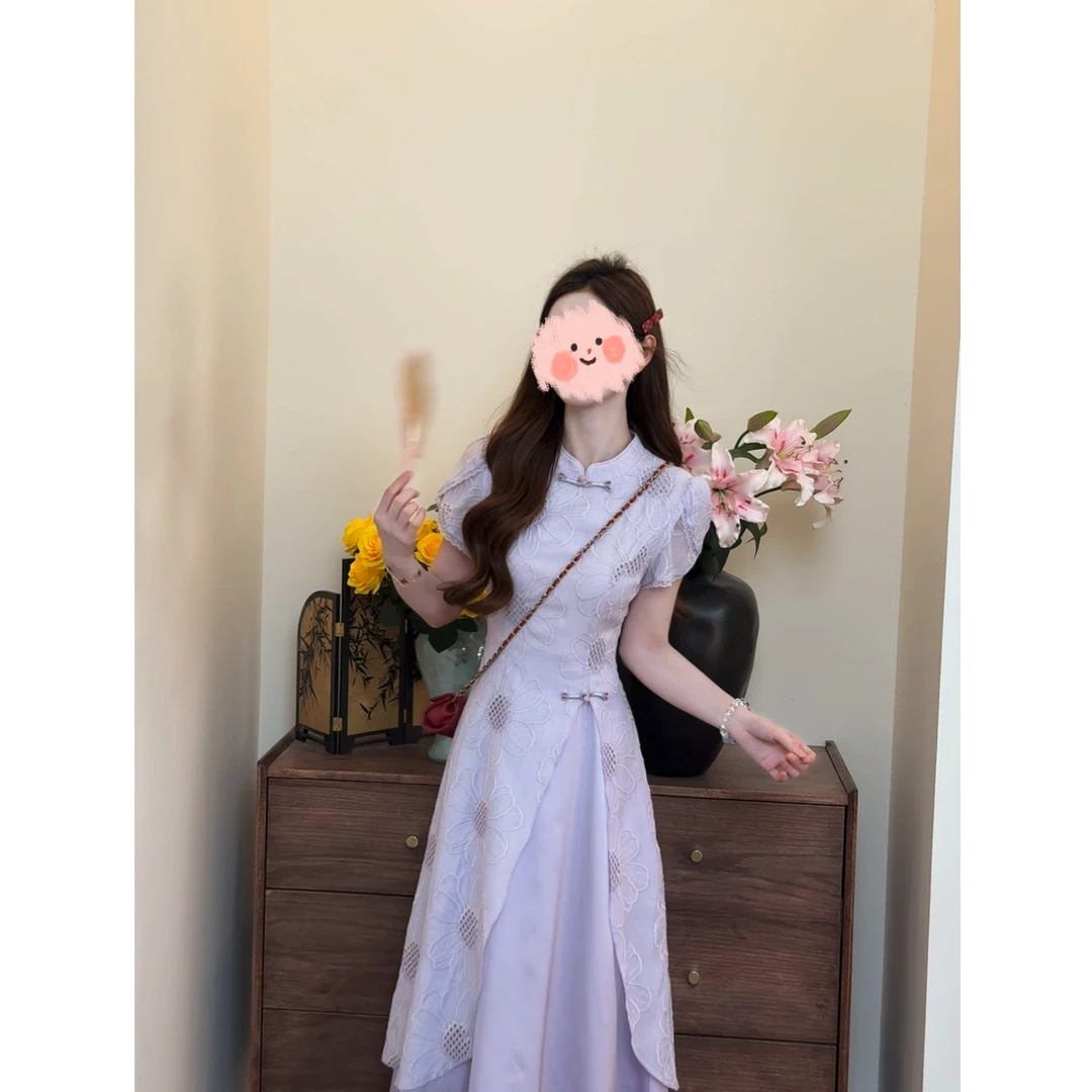 【紫阳花】夏季新中式镂空刺绣假两件旗袍连衣裙XMZH8062