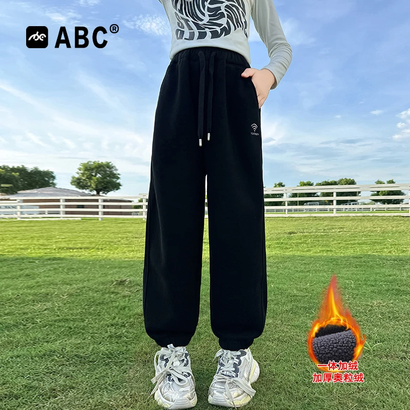 【833】ABC女童加绒加厚运动裤女孩新款束脚裤儿童秋冬休闲刺绣卫裤
