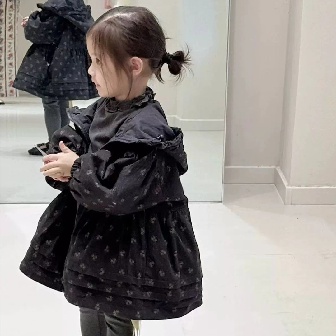 女童双面穿外套秋2025女孩碎花休闲上衣连帽冲锋衣两面穿连帽风衣