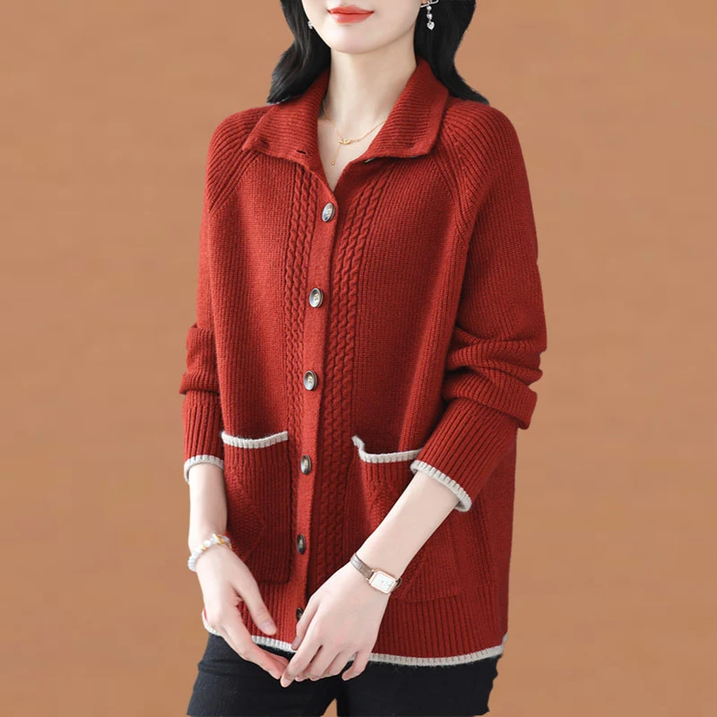 春秋季2025新款时尚洋气大码翻领针织开衫女韩版宽松毛衣外套百搭