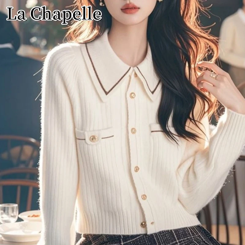 拉夏贝尔秋季高级感小香风单排扣上衣气质百搭显瘦翻领针织开衫女