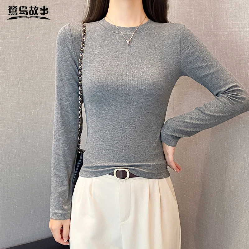 鹭岛故事螺纹小圆领长袖t恤女春秋内搭修身打底衫正肩显瘦上衣潮