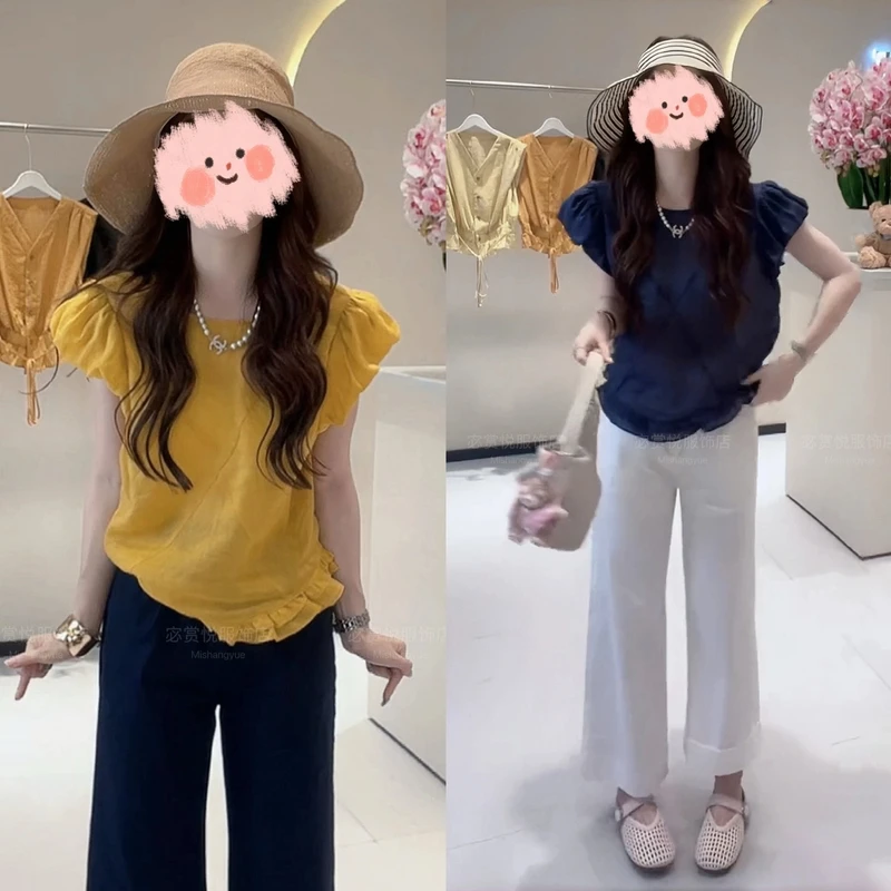 夏季法式荷叶边下摆韩系减龄短袖上衣套装蕾丝边直筒裤洋气衣服女