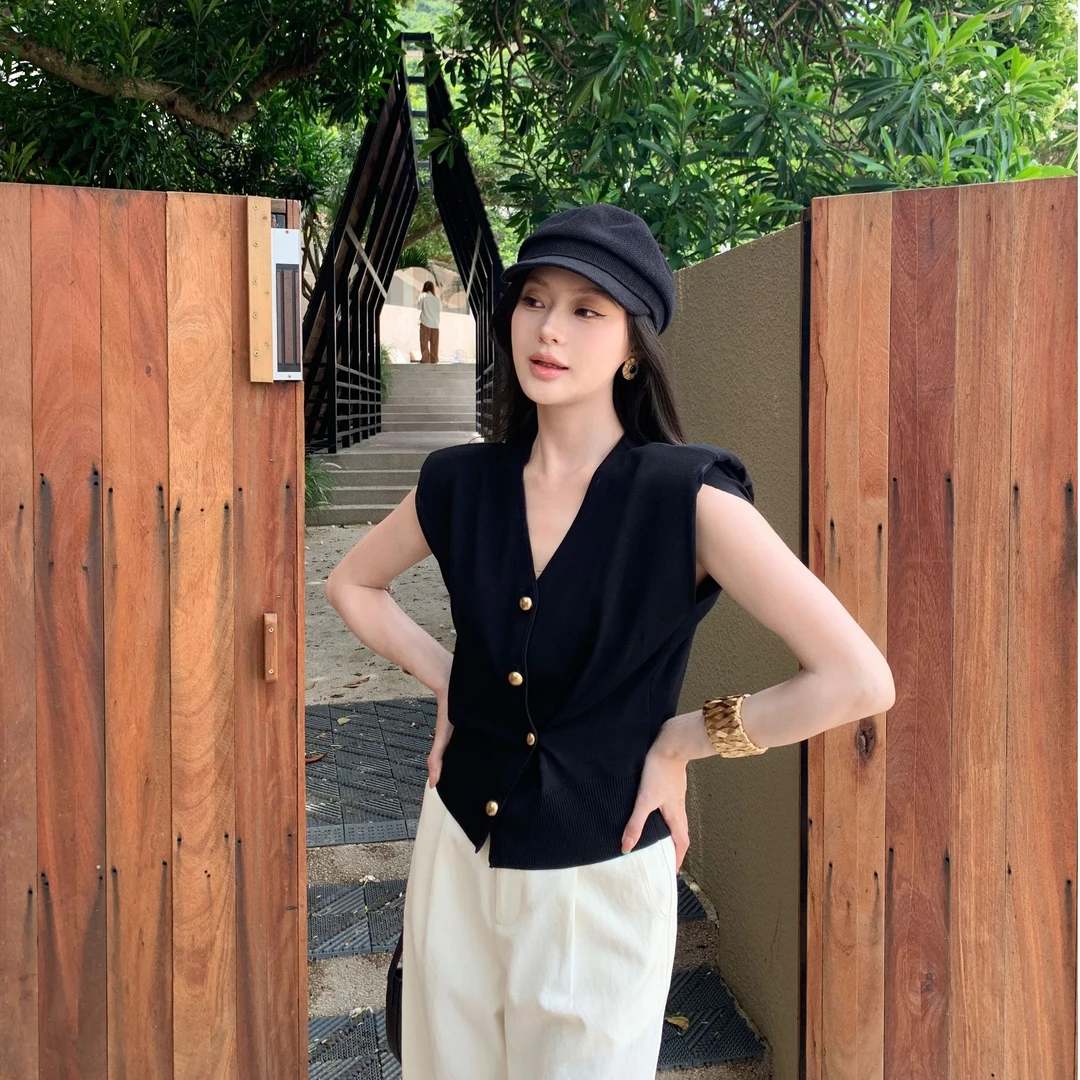 现货 JINY 静一｜【紫霭金芒】V领毛织无袖上衣设计感两穿马甲无袖