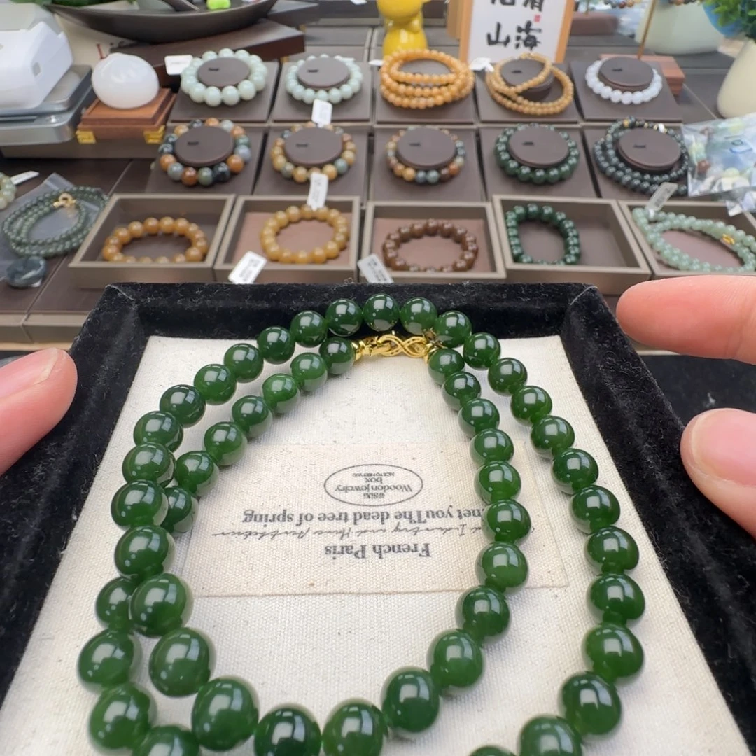和田玉未镶嵌手链卡8菠菜绿无黑点女神链，67