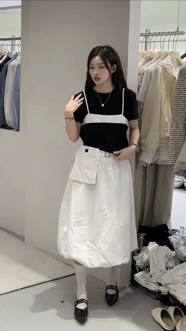 【BAI】拼接蕾丝吊带假两件百搭短袖T恤小衫32642