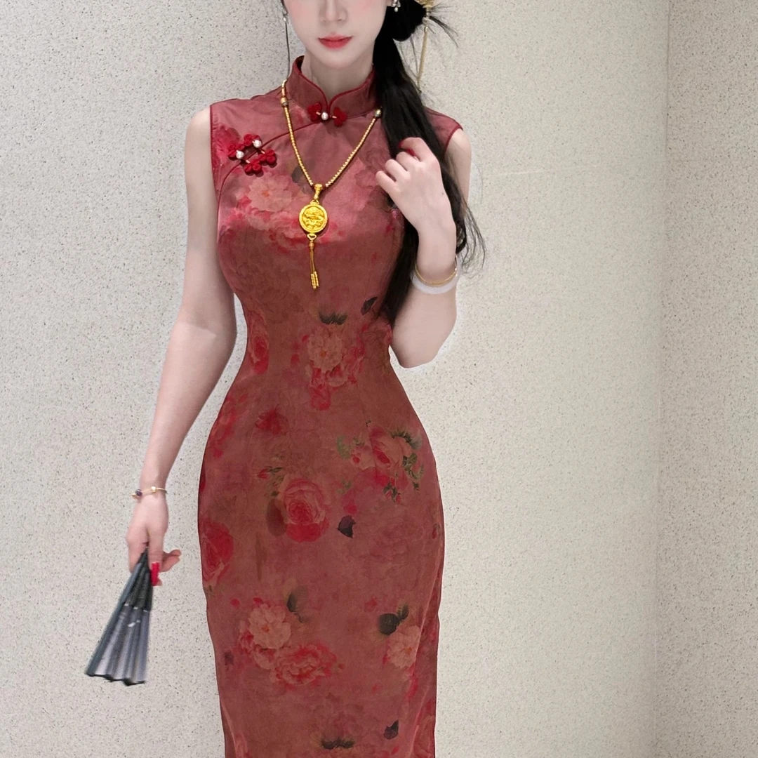 LHMknk1画报夫人原创自制江南风改良新中式无袖旗袍 平替玫瑰红香