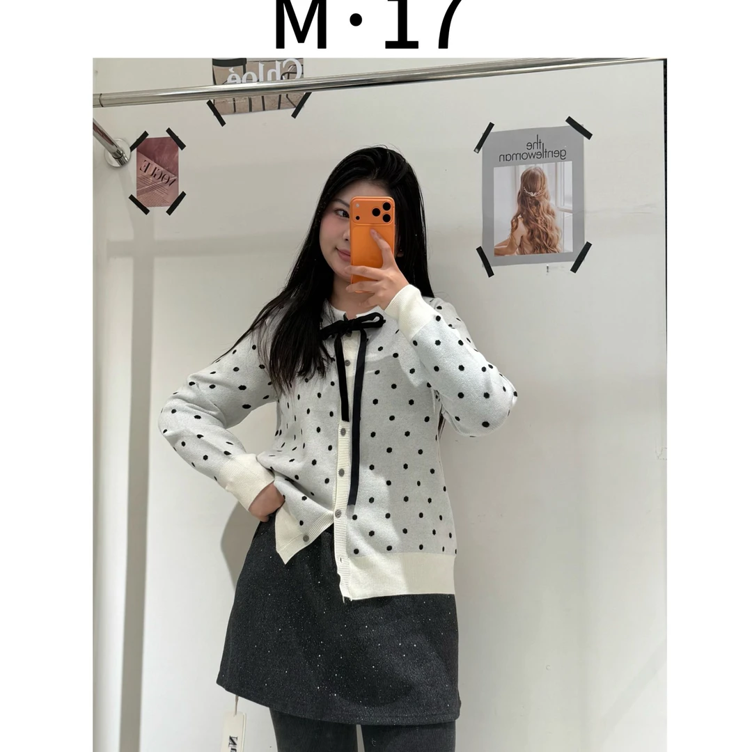 M.The17 大码女装针织毛衫长袖领口飘带波点时尚慵懒针织开衫