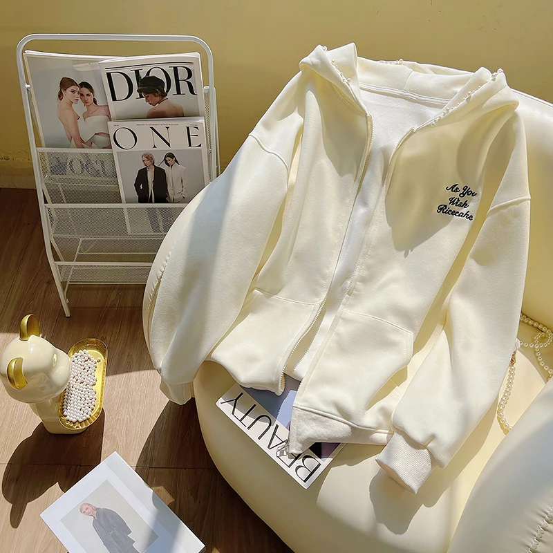 杏色连帽卫衣女秋冬2026新款oversize宽松休闲中长款百搭开衫外套