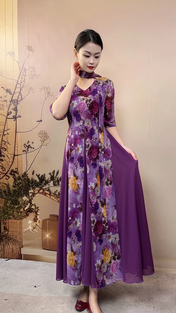 2025春夏气质国风连衣裙拼接优雅大摆长裙紫色印花X644-25A五分袖