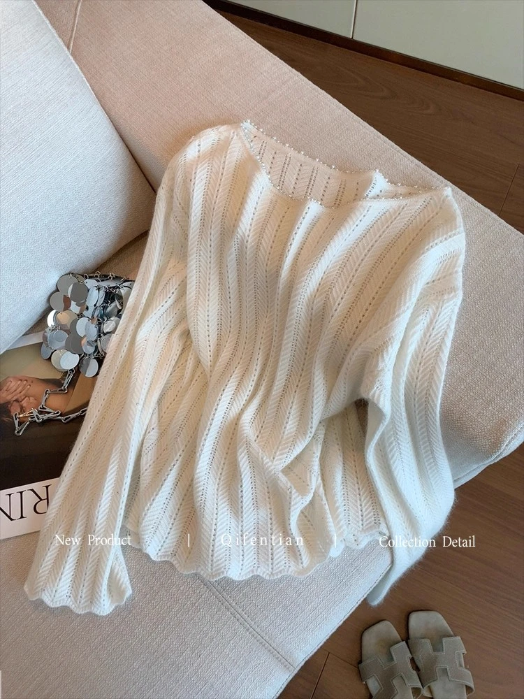 法式钉珠细闪镂空针织衫女2025早秋新款高级感气质温柔软糯薄毛衣