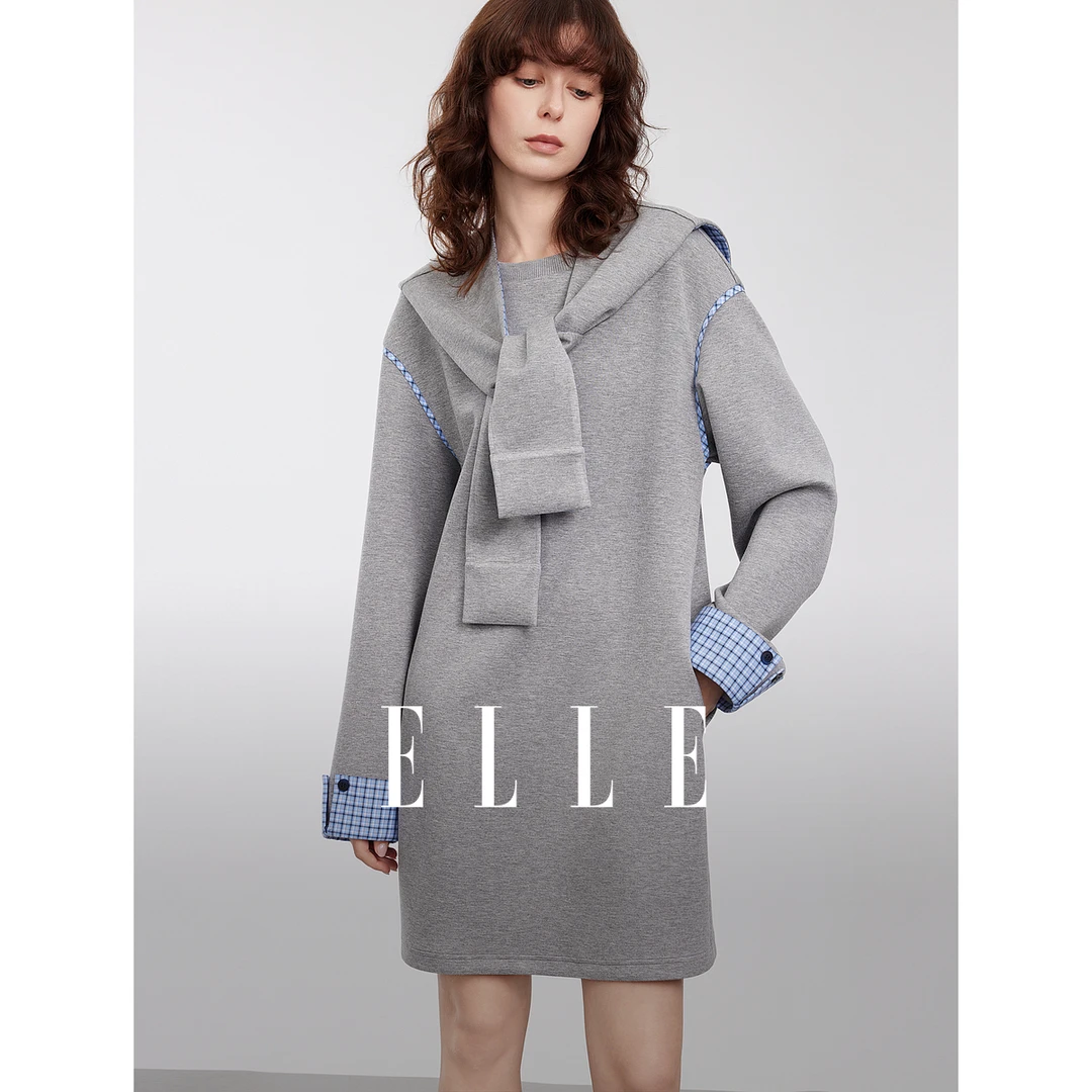 ELLE格纹拼接假两件连衣裙2025春新款披肩欧若风简约裙子EL50708