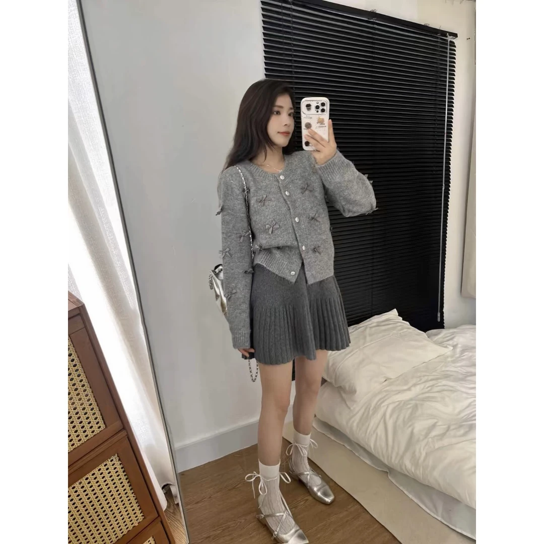 313小香风圆领针织开衫外套女秋冬设计感蝴蝶结甜美气质上衣