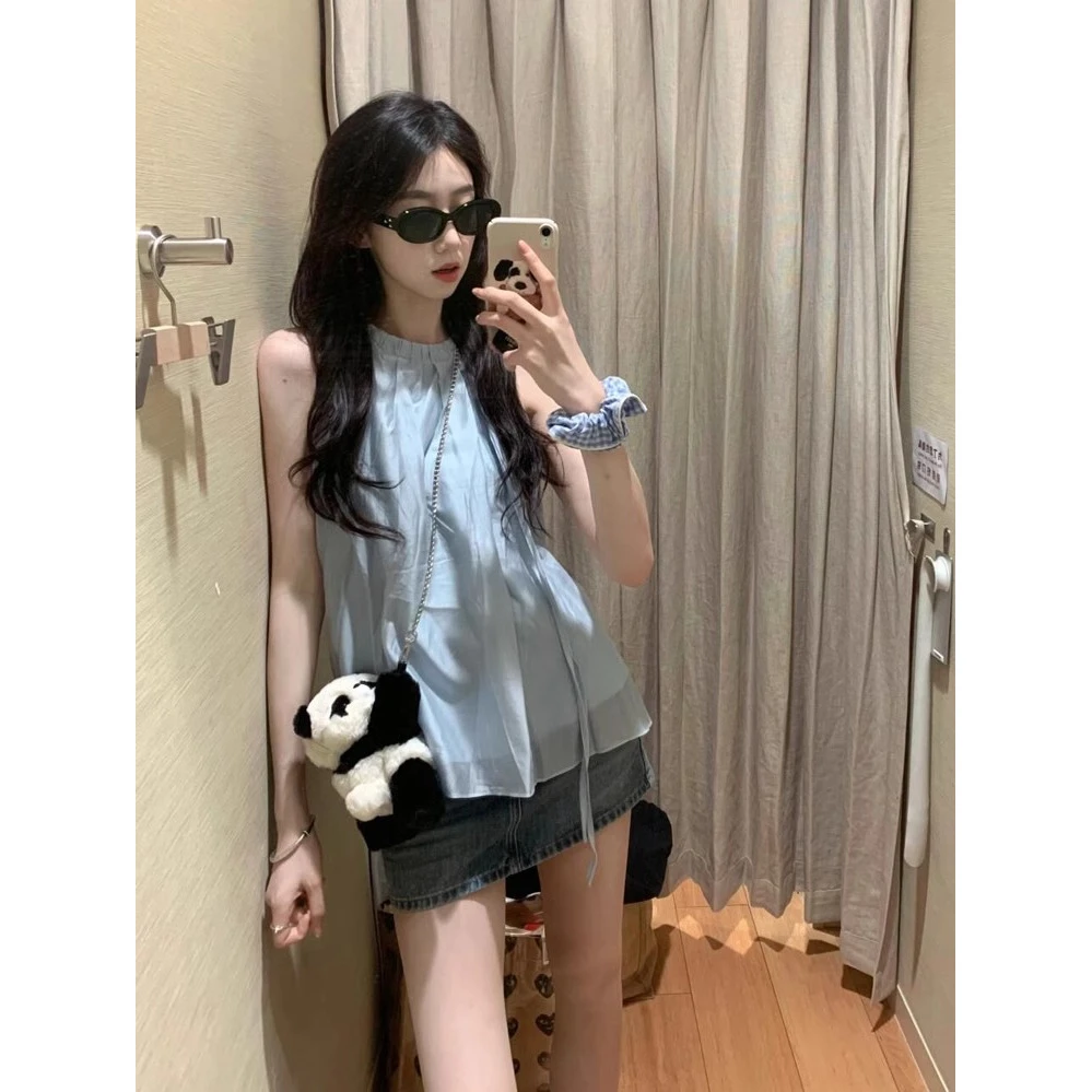 法式甜美高级感露肩挂脖衬衫女夏季减龄气质系带雪纺娃娃衫上衣薄