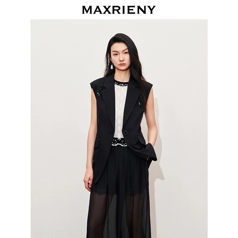 MAXRIENY【商场同款】收腰奢华钉珠绣花马甲高级气质感通勤女装无袖