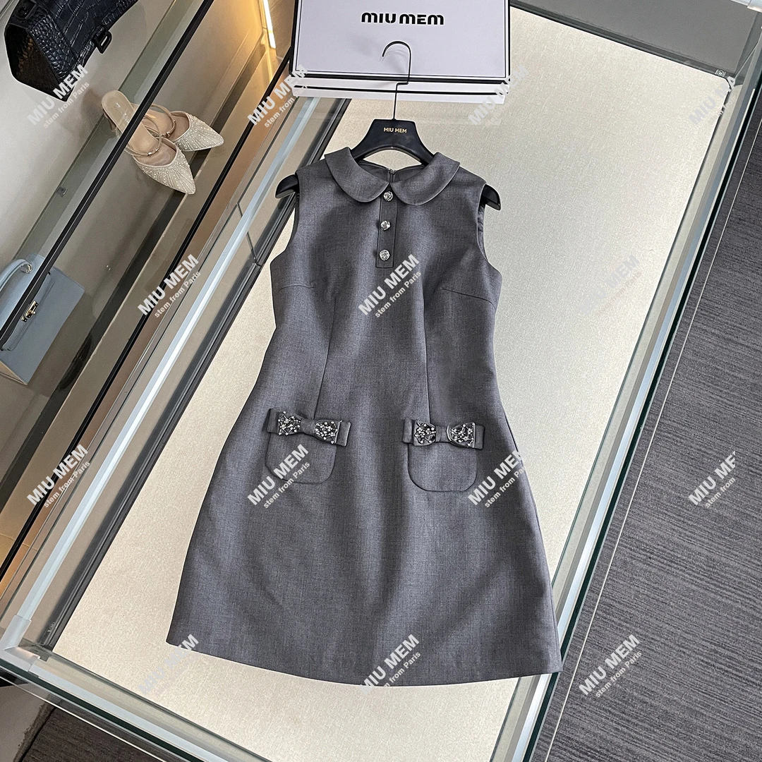 MIUMEM 25春新款灰色无袖蝴蝶结娃娃领小洋裙a字连衣裙DY6498