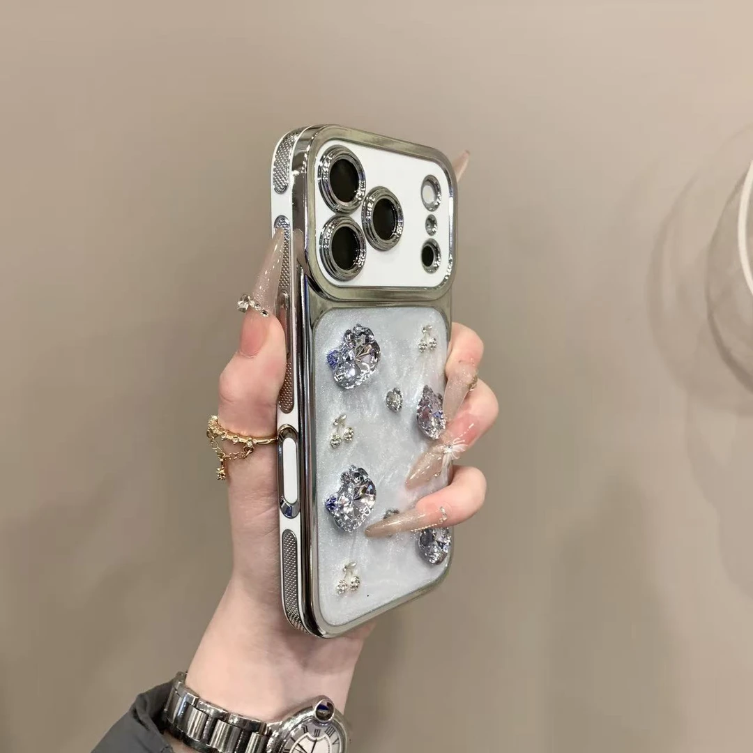 电镀奶油立体水钻猫咪适用iPhone17pro手机壳16全包15可爱14/13女