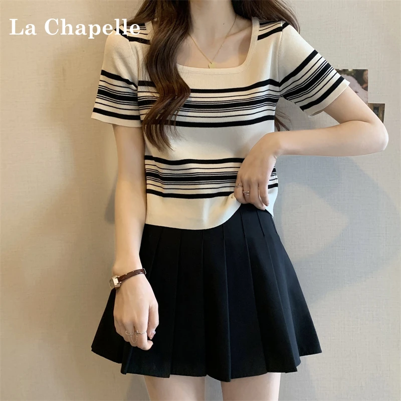 拉夏贝尔条纹正肩短袖t恤女夏季2025年新款胖mm法式方领针织上衣