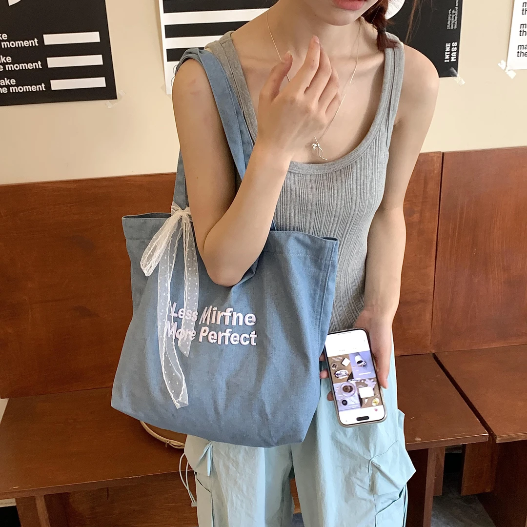 7197春夏季节新款简约字母复古美式帆布包大容量刺绣通勤单肩包