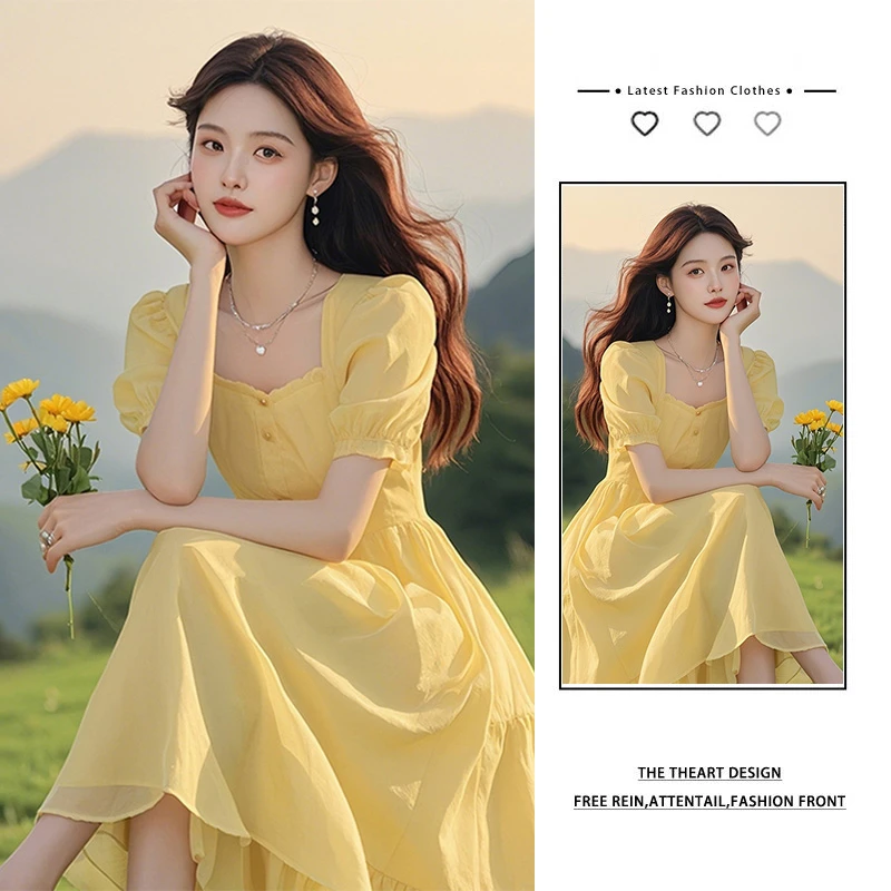 气质独特超好看黄色泡泡袖连衣裙女夏高端气质上流社会温柔风长裙