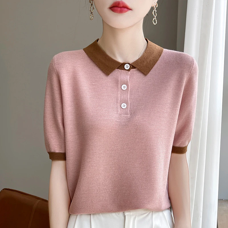 【奥莱撤柜】哥家夏季短袖针织衫亲肤透气POLO领设计感显瘦T恤上衣