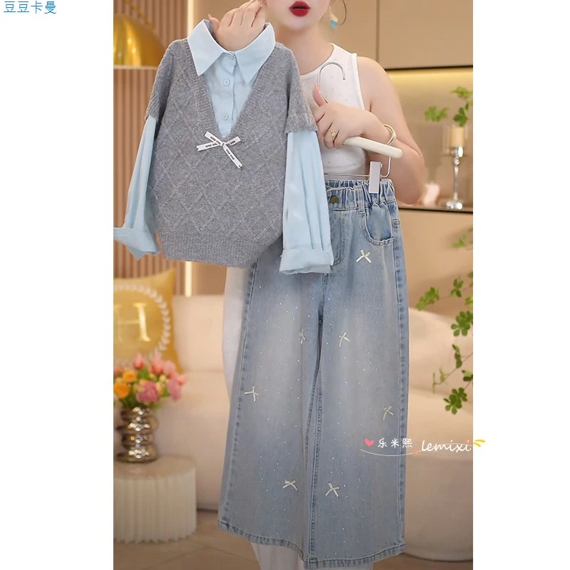 女童拼接毛衣衬衫牛仔裤套装2025新款春秋款针织假两件上衣阔腿裤