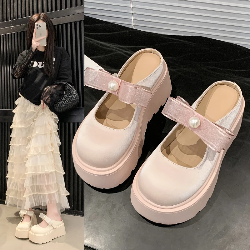 厚底松糕增高小个子超火一脚蹬玛丽珍包头半拖鞋女2025夏新款外穿