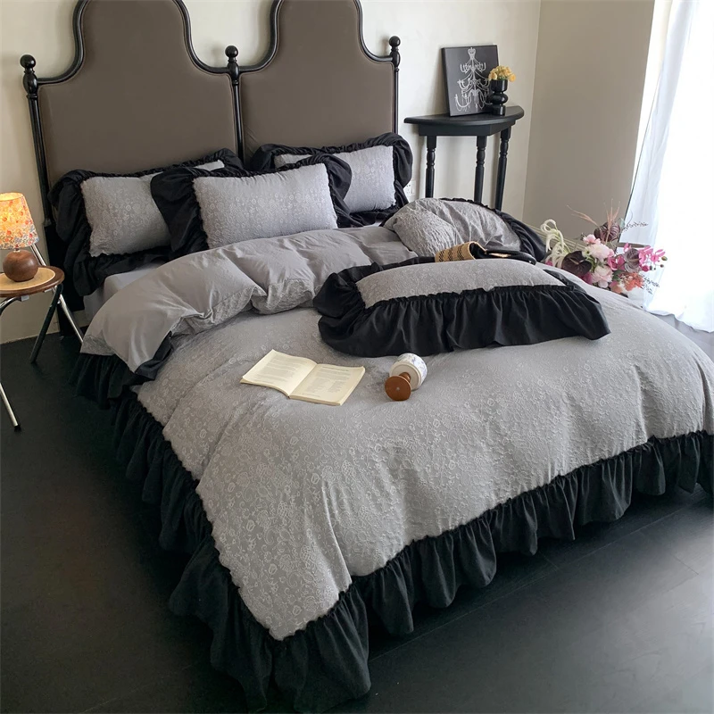 法式提花双层纱被套四件套公主风花边被罩床单2025新款床上用品