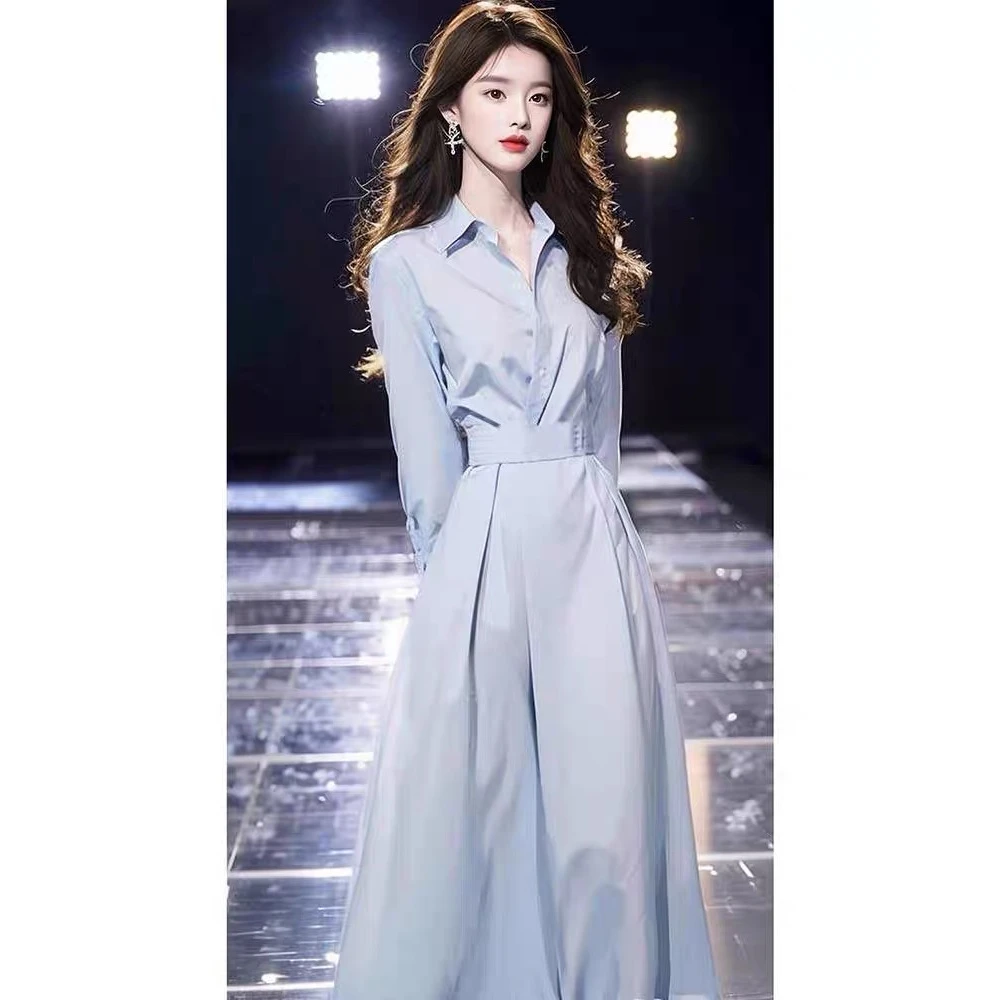 春装正式场合气质高端精致小众不撞款宴会蓝色衬衫收腰连衣裙子女