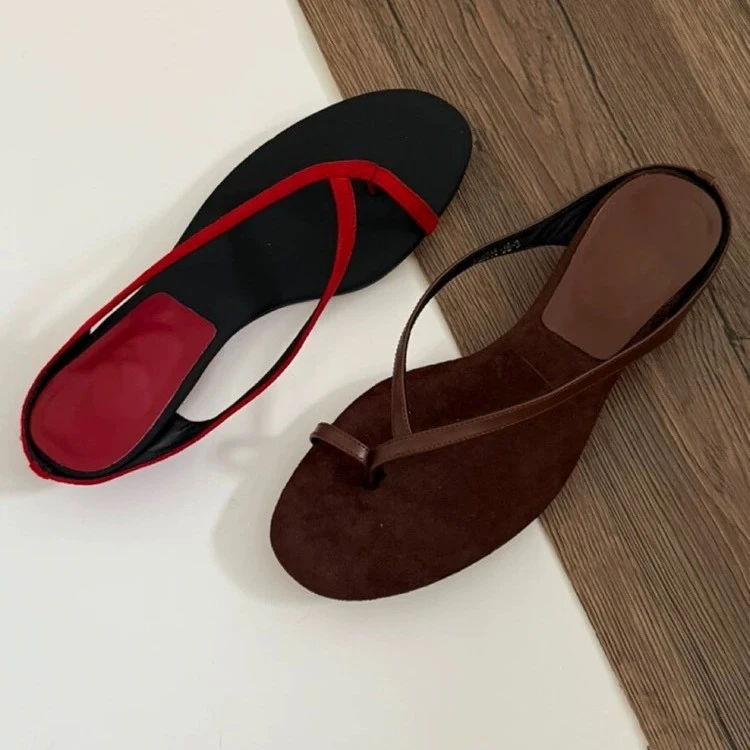 羊皮版~法式圆套趾夹凉鞋女2025夏季粗跟坡跟人字凉百搭小众鞋子